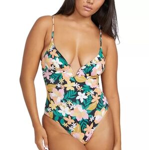 Nwt Volcom Black & Pink One Piece Floral Swimsuit Plunging V-Neckline Sz M & XS